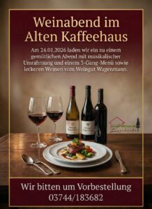 Ein Tisch mit Weinflaschen und Weingläsern und einem Menüteller. Auf dem Bild wird zum Weinabend am 24.01.2026 eingeladen